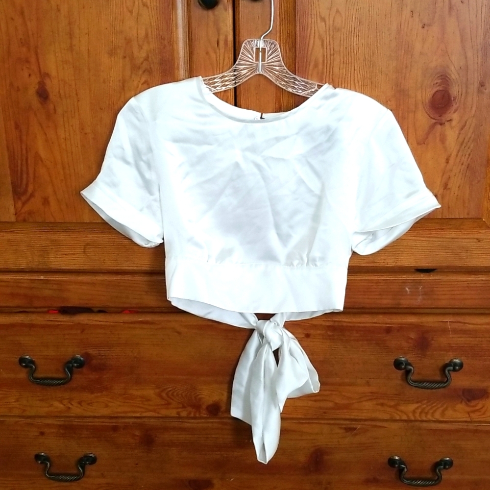 NWT Zara Open Back Tied Satin Effect White Top Medium Festival